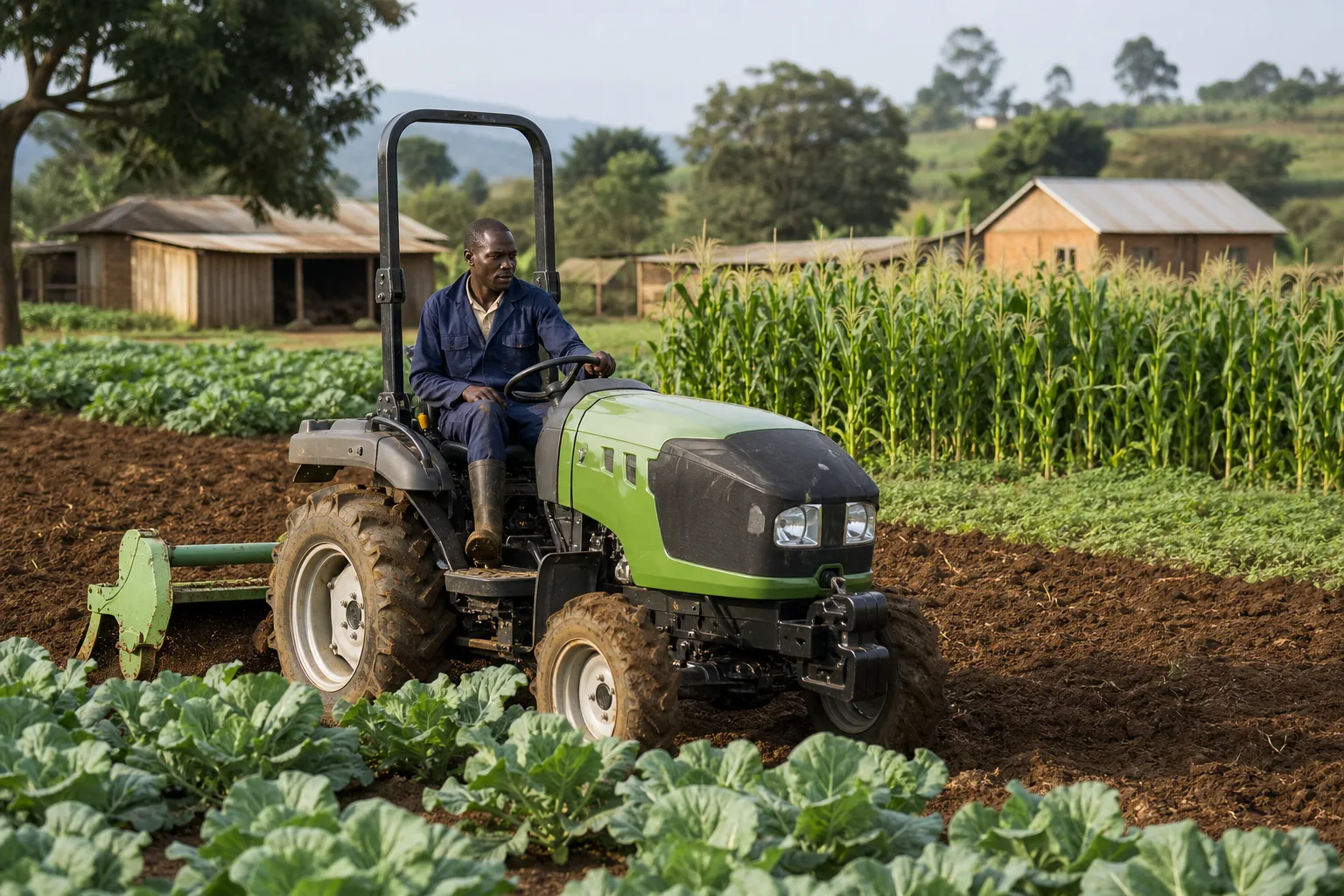 Complete agricultural workflow including tractor, irrigation, crops and processing