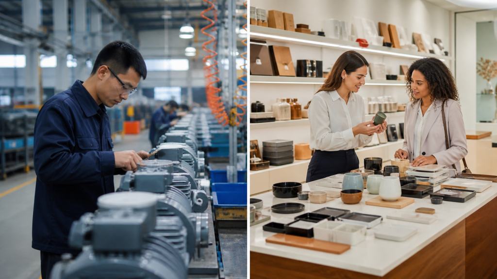 Comparison of a Chinese factory production line and a trading company showroom