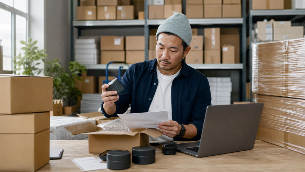 Small business owner receiving and reviewing imported products from China