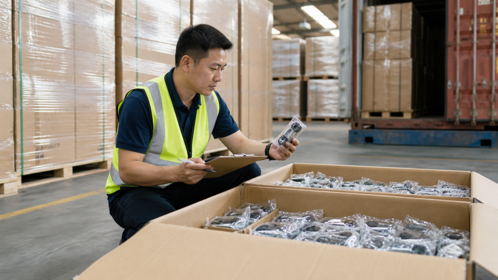 Inspector checking finished goods and cartons before shipment from China