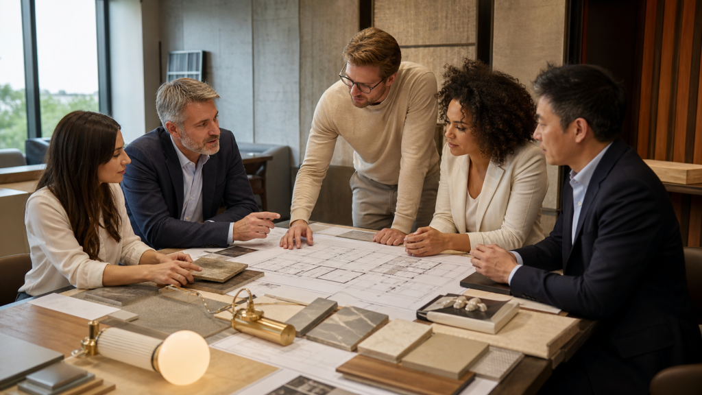 International procurement team reviewing plans and material samples for a project
