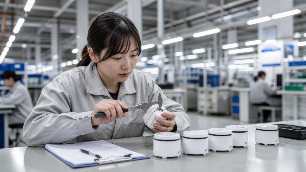 Quality inspector measuring finished products in a Chinese factory