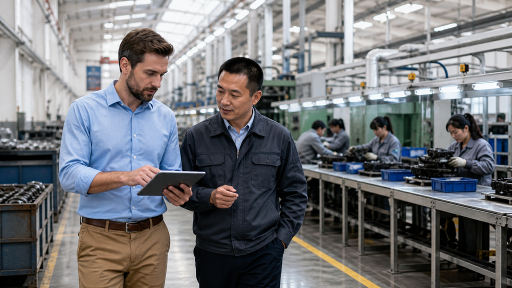 International buyer auditing a Chinese supplier on the factory production floor