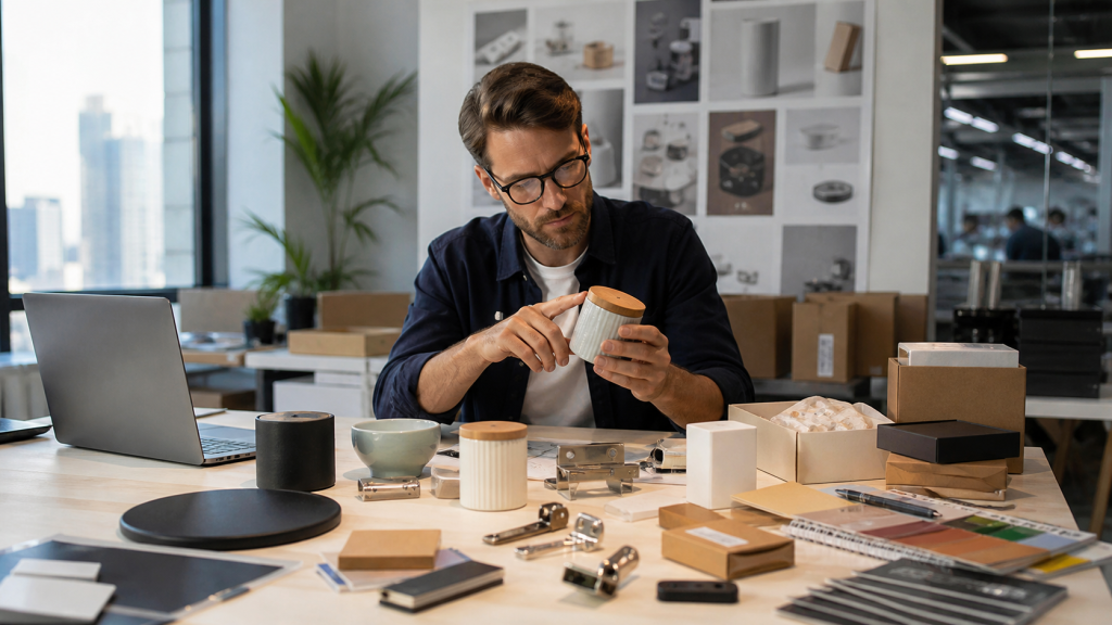 International buyer reviewing product samples and sourcing options from China