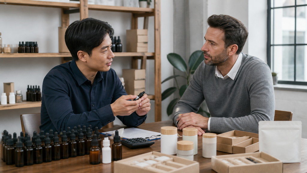 Buyer and Chinese supplier discussing minimum order quantities and packaging options