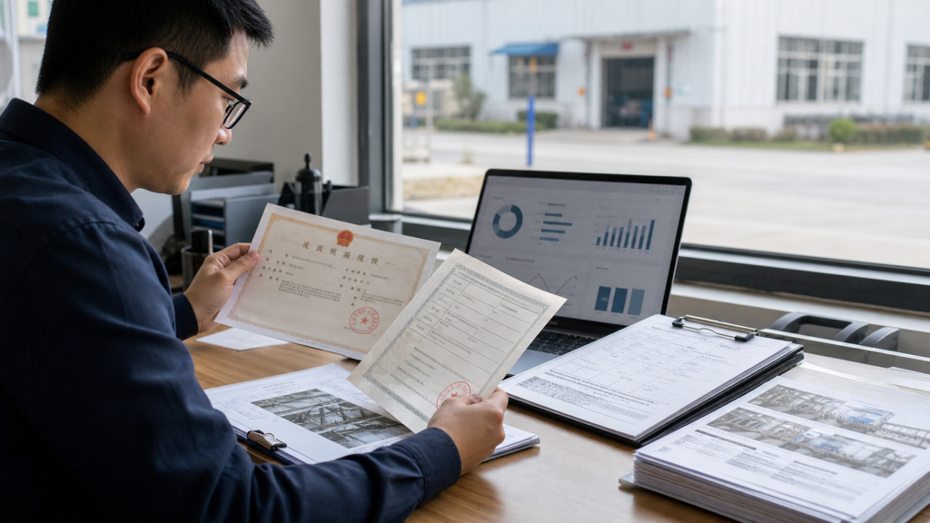 Sourcing specialist verifying Chinese supplier registration and factory records