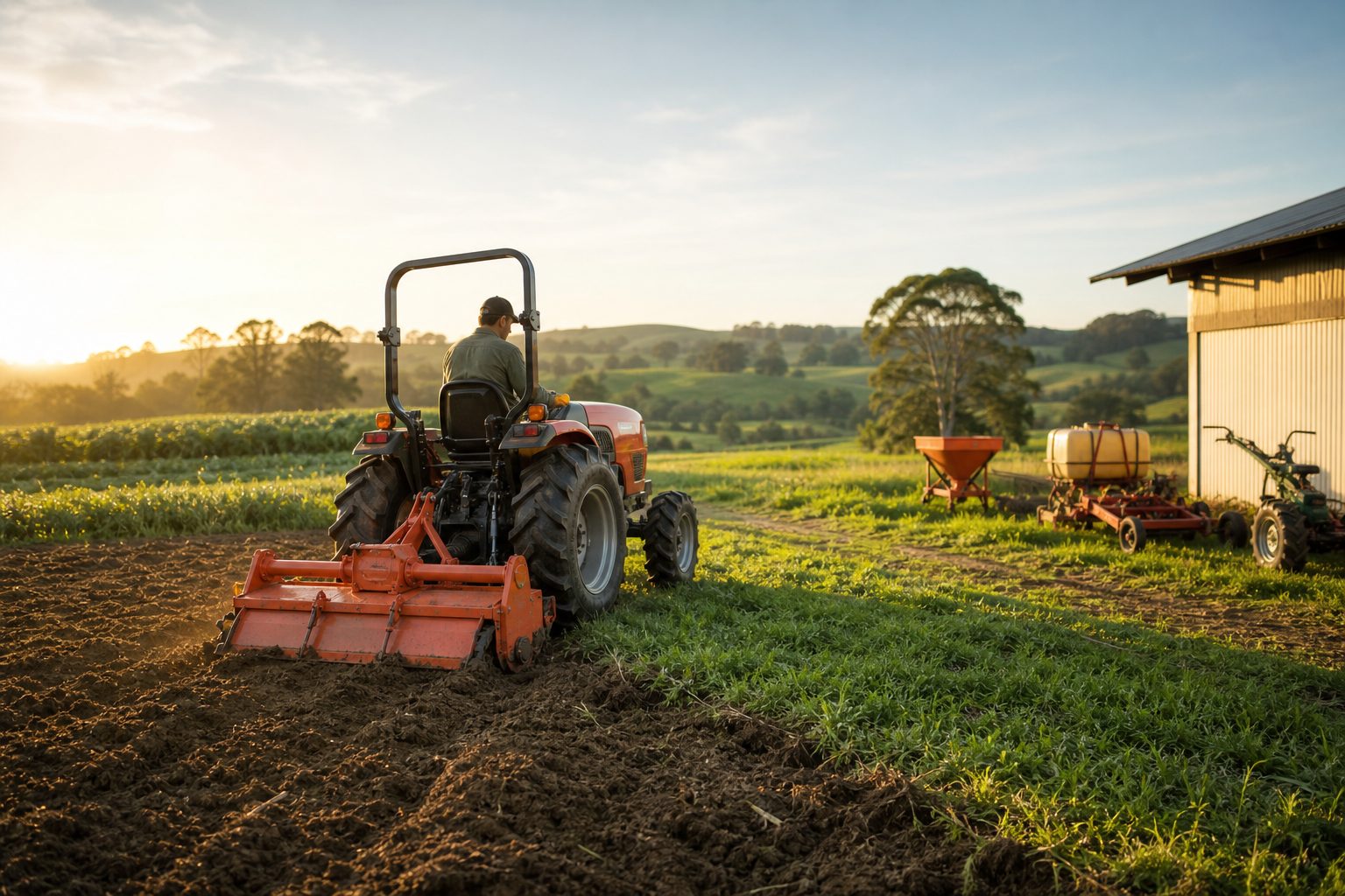 Compact agricultural tractor working in a green farm field