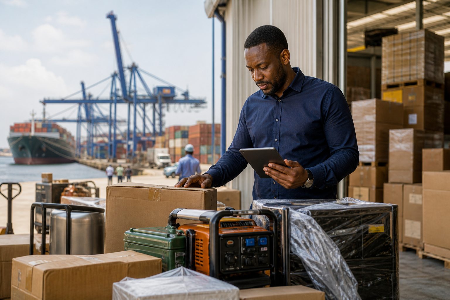 African small business owner reviewing an imported shipment at a logistics warehouse