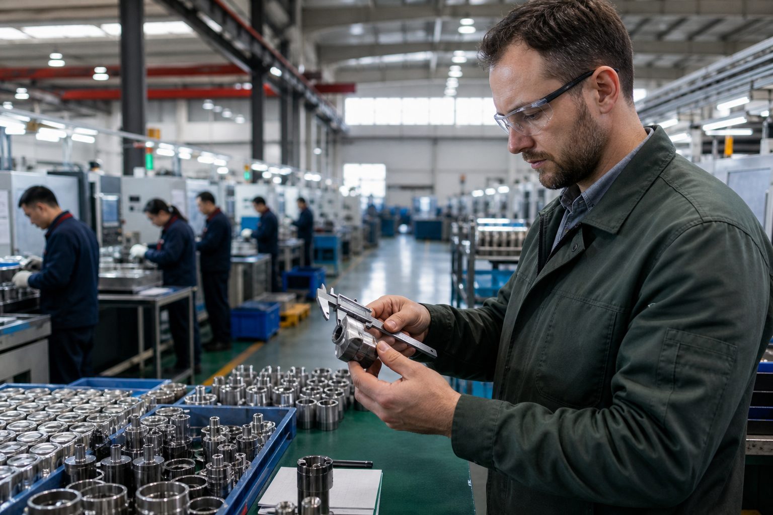 Quality inspector evaluating manufactured components at a Chinese supplier