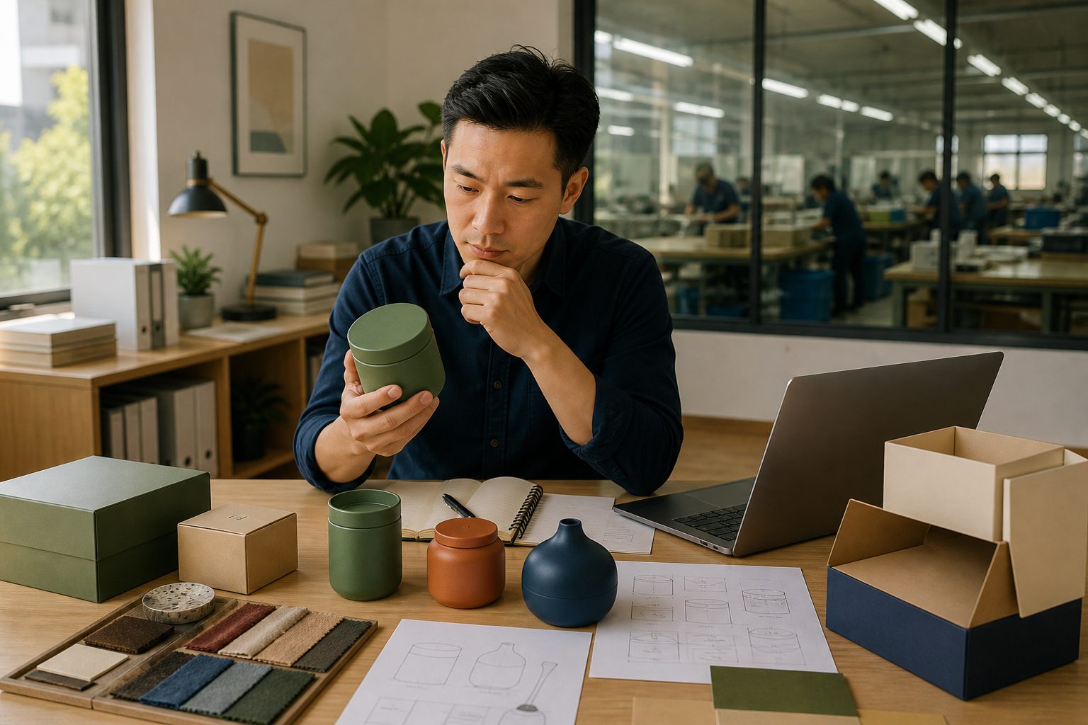 Small business owner comparing product samples for China sourcing