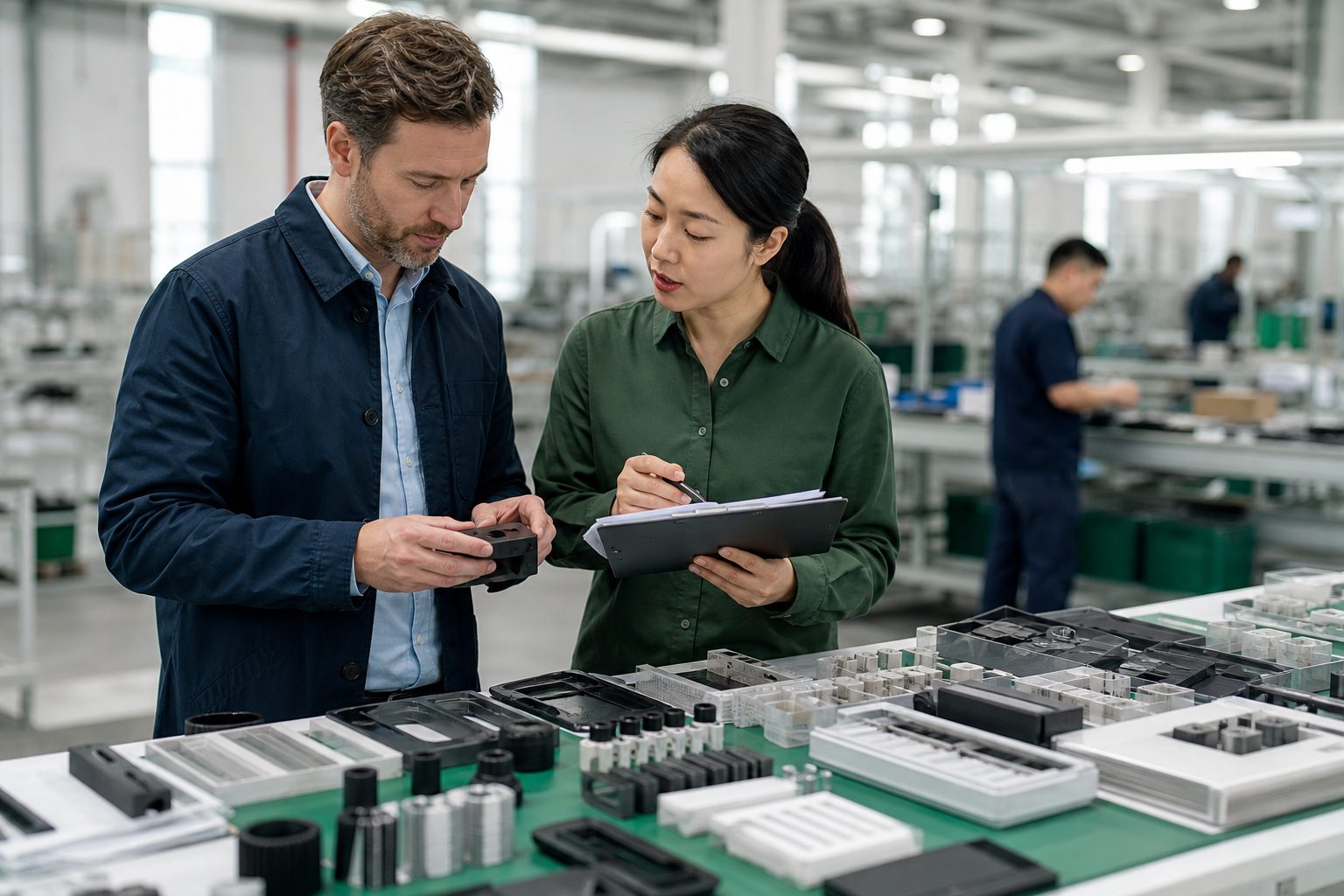 International buyer discussing samples with a Chinese factory representative