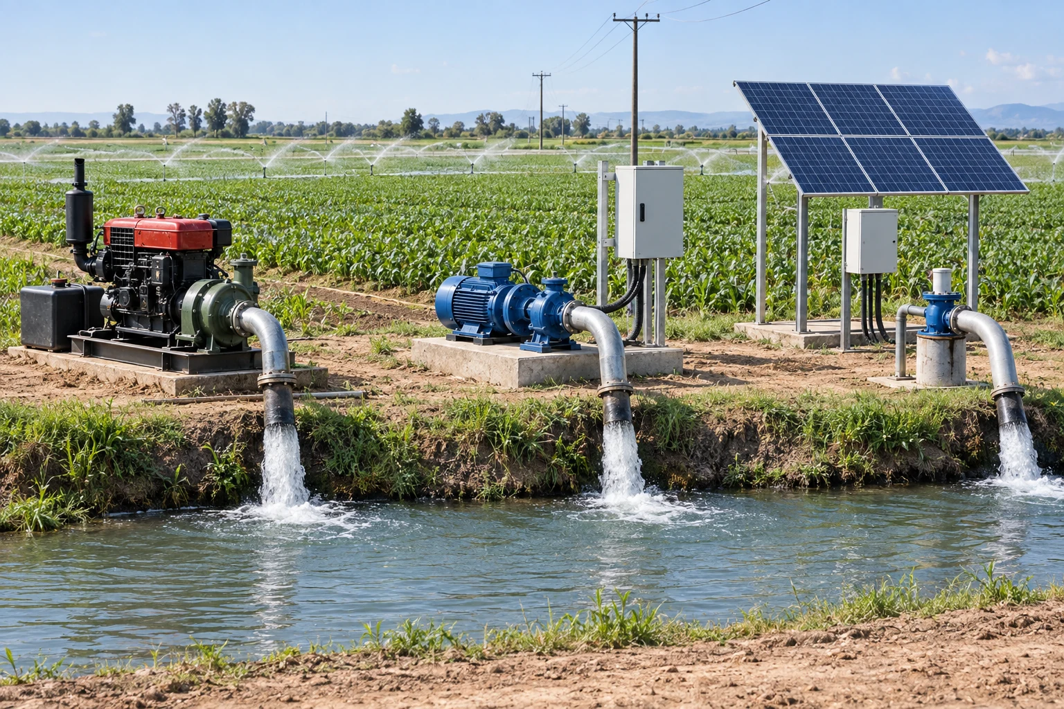 Diesel, grid-electric and solar irrigation pump systems operating beside a crop field