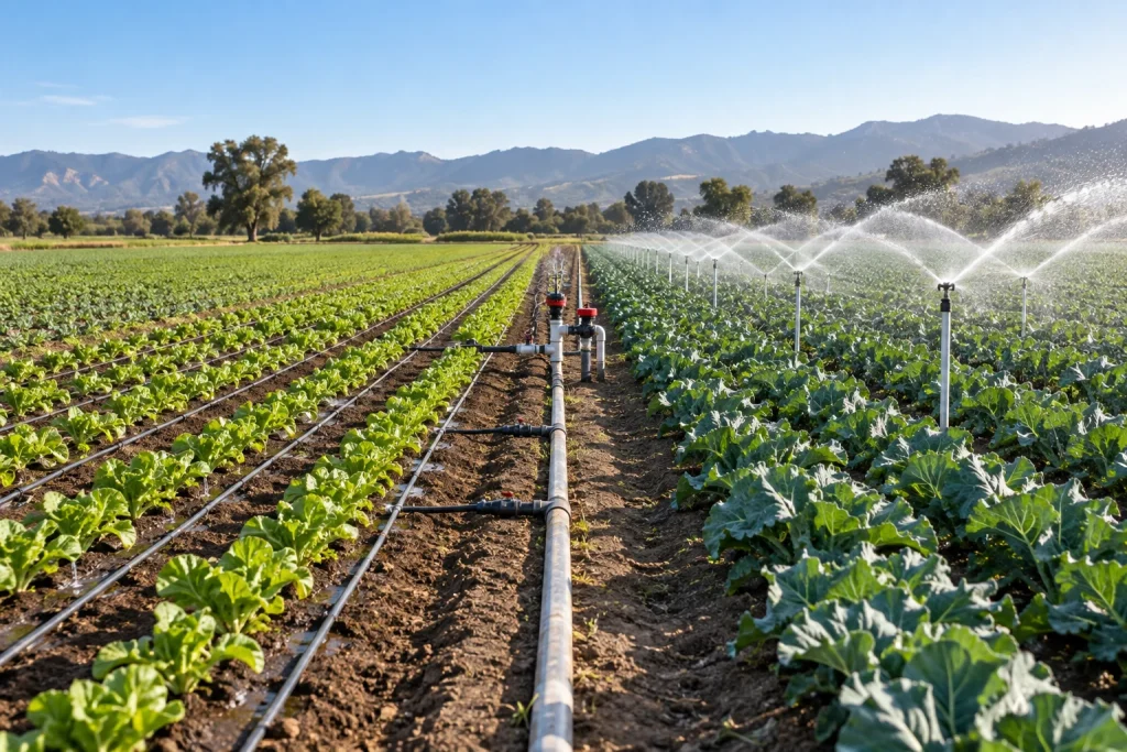 Drip irrigation and sprinkler irrigation operating in adjacent vegetable fields
