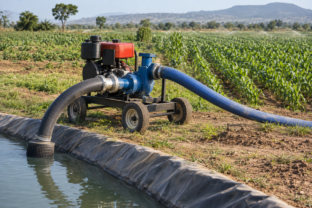 Diesel centrifugal irrigation pump beside a lined farm canal and crop field